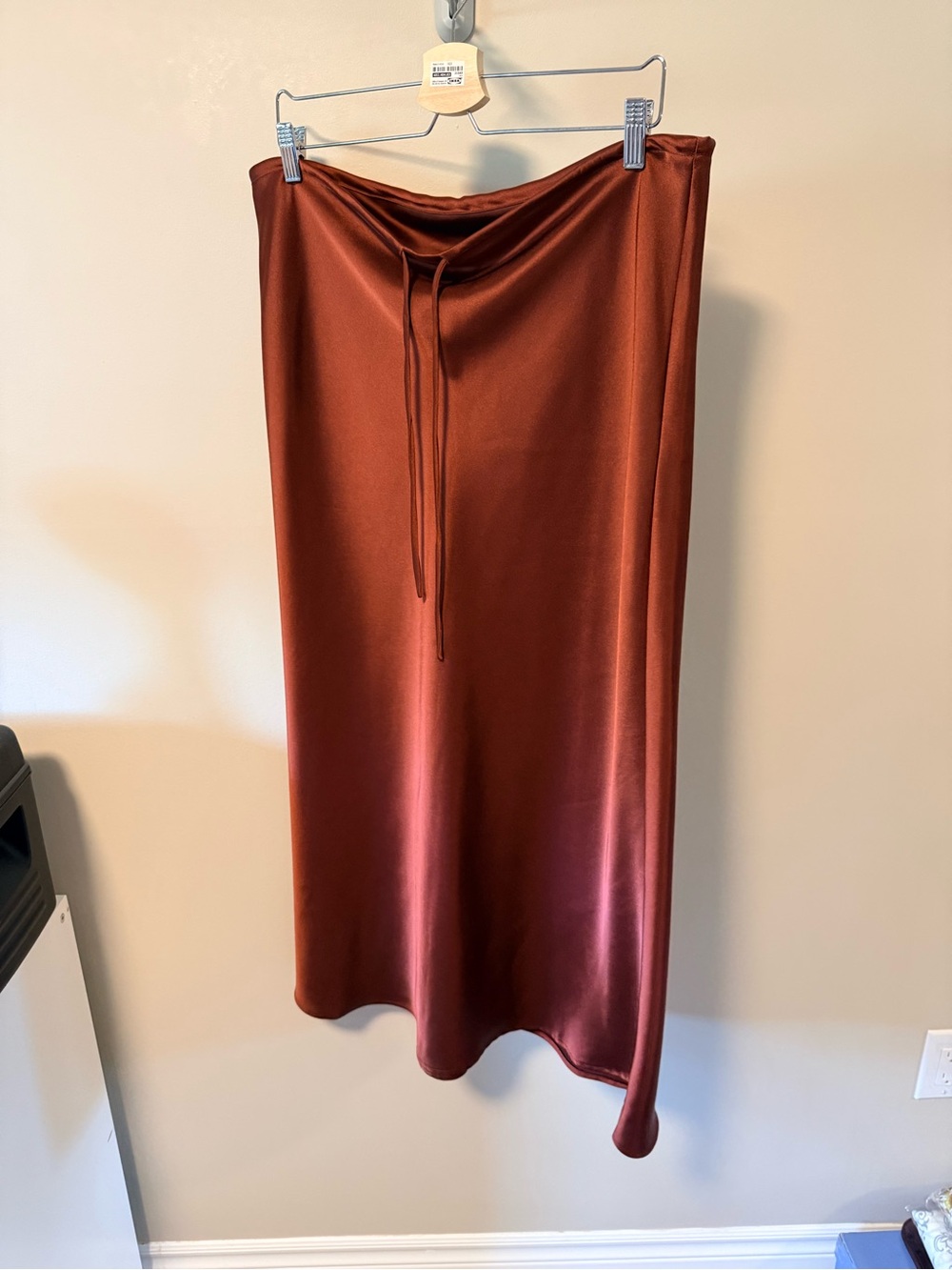 Satin Drawstring Midi Skirt in Rust